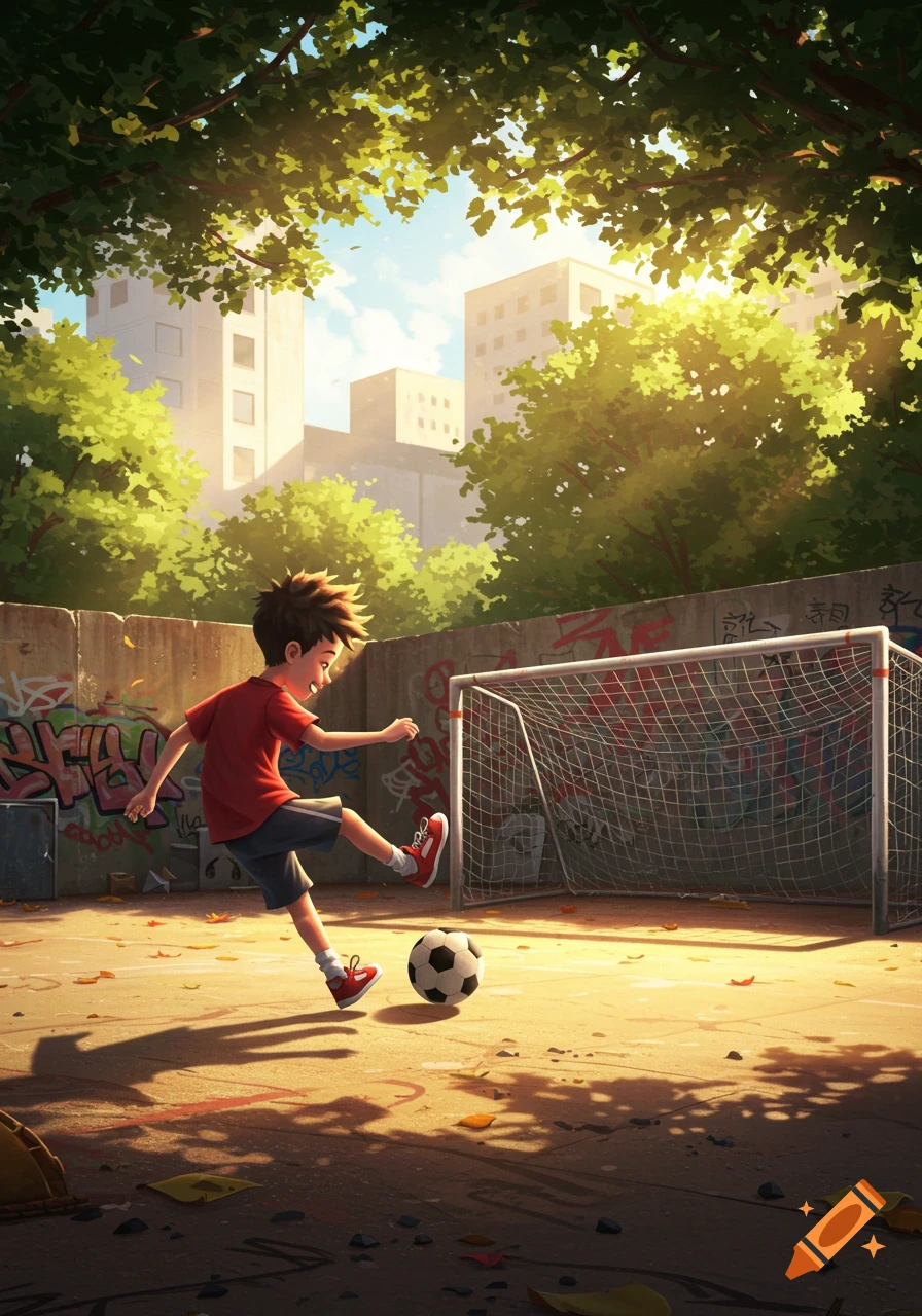 A stylized illustration of a boy in a red shirt kicking a soccer ball in a sunny, graffiti-covered urban playground.
