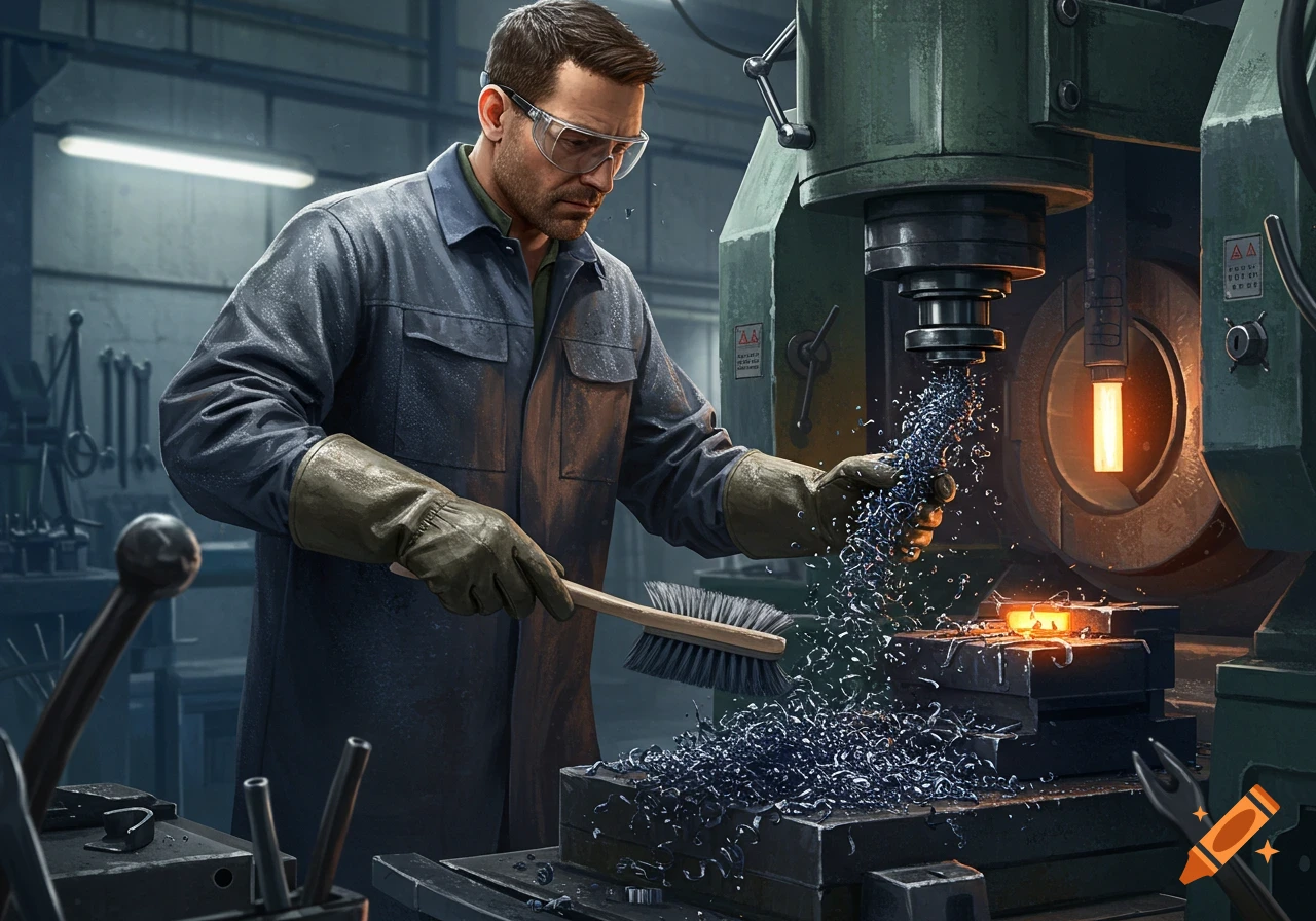 A man in safety glasses and gloves cleans metal shavings from an industrial machine with a brush in a workshop.
