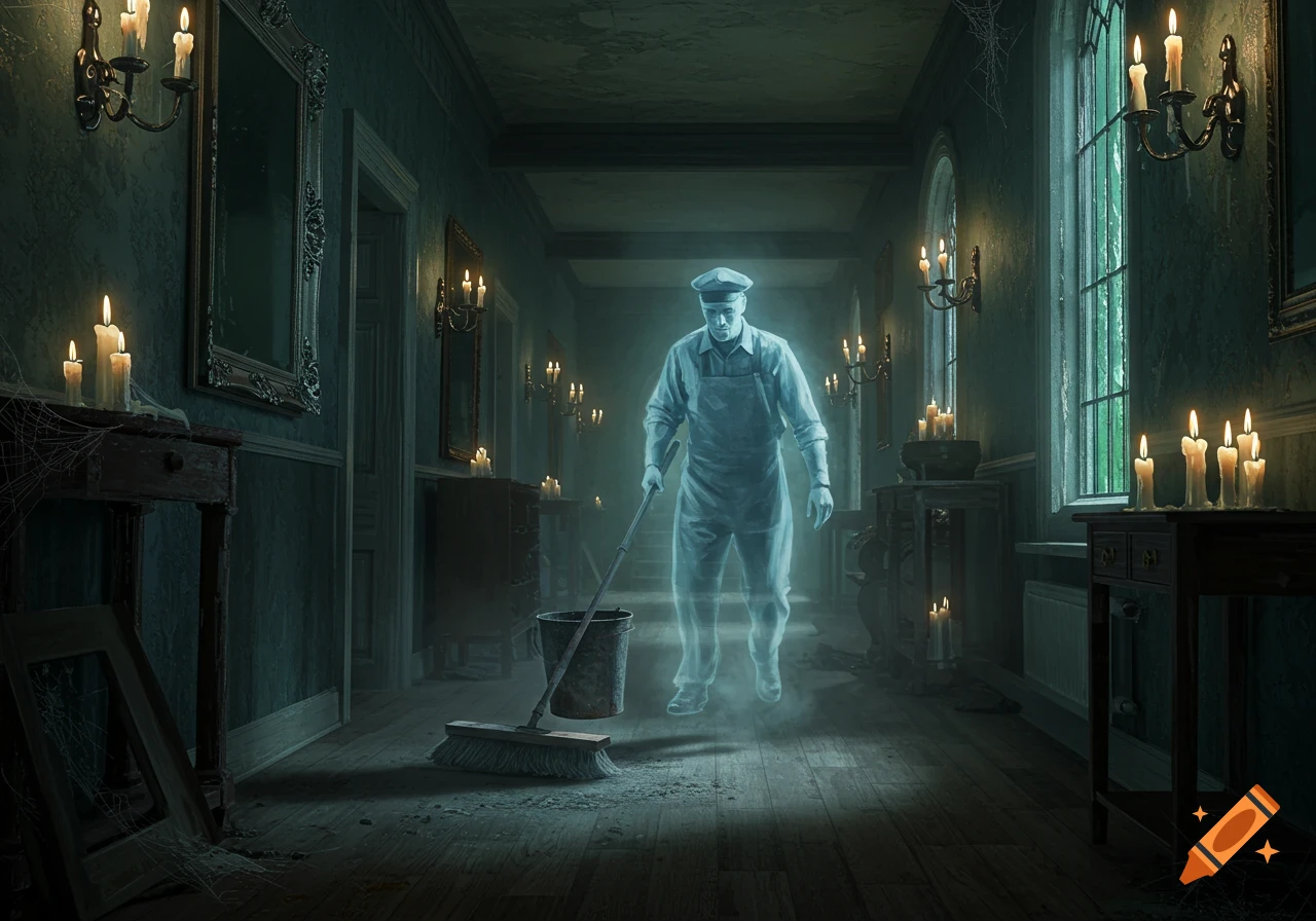 A translucent ghost janitor sweeps a dusty, candlelit hallway in a spooky old mansion.
