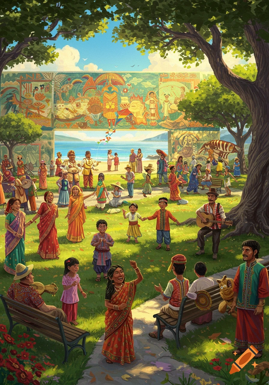 Vibrant illustration of diverse people celebrating in a sunny park with a colorful mural and a beach.