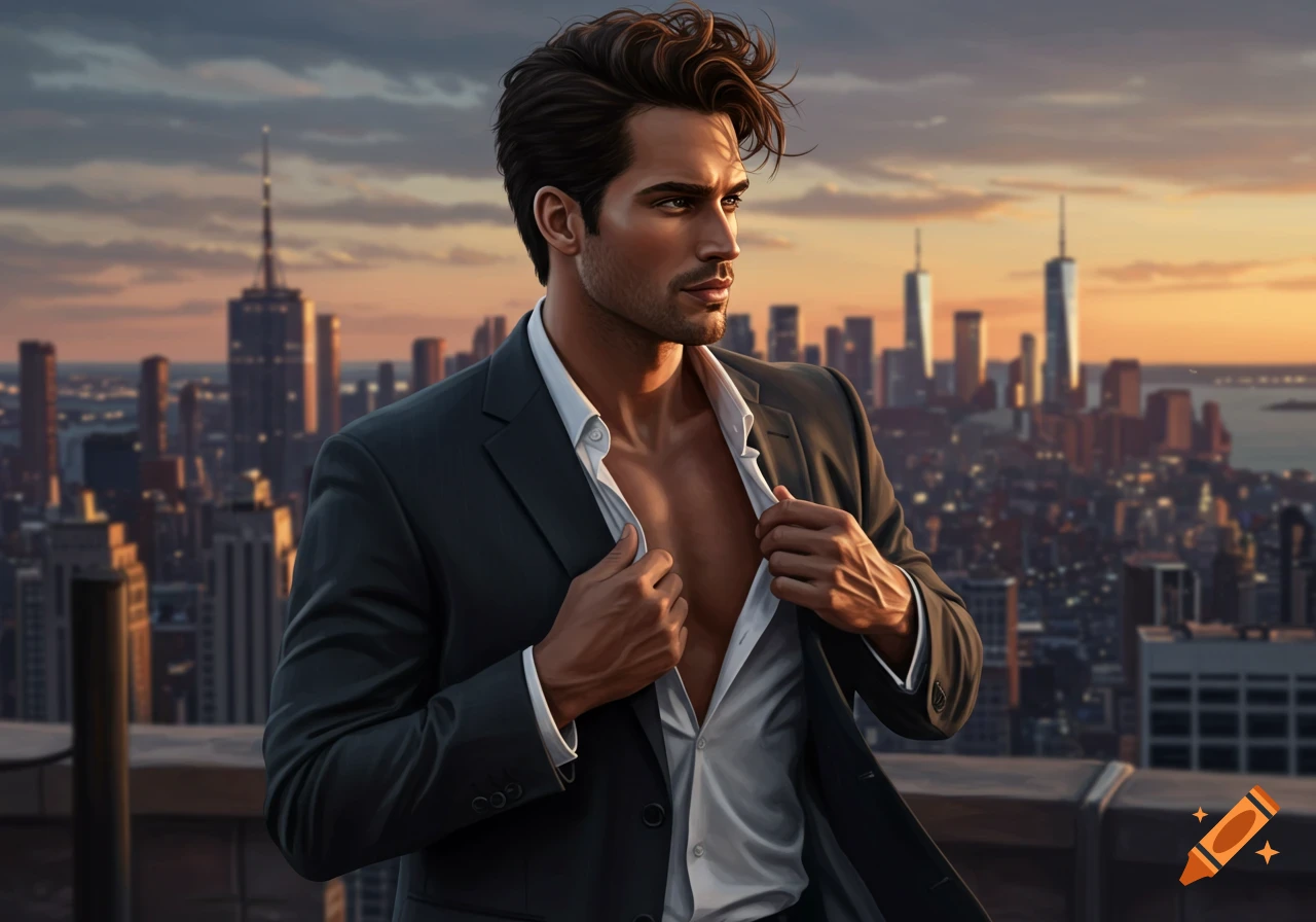 Photorealistic image of a handsome man in an unbuttoned suit jacket, revealing his chest, against a city skyline at sunset.
