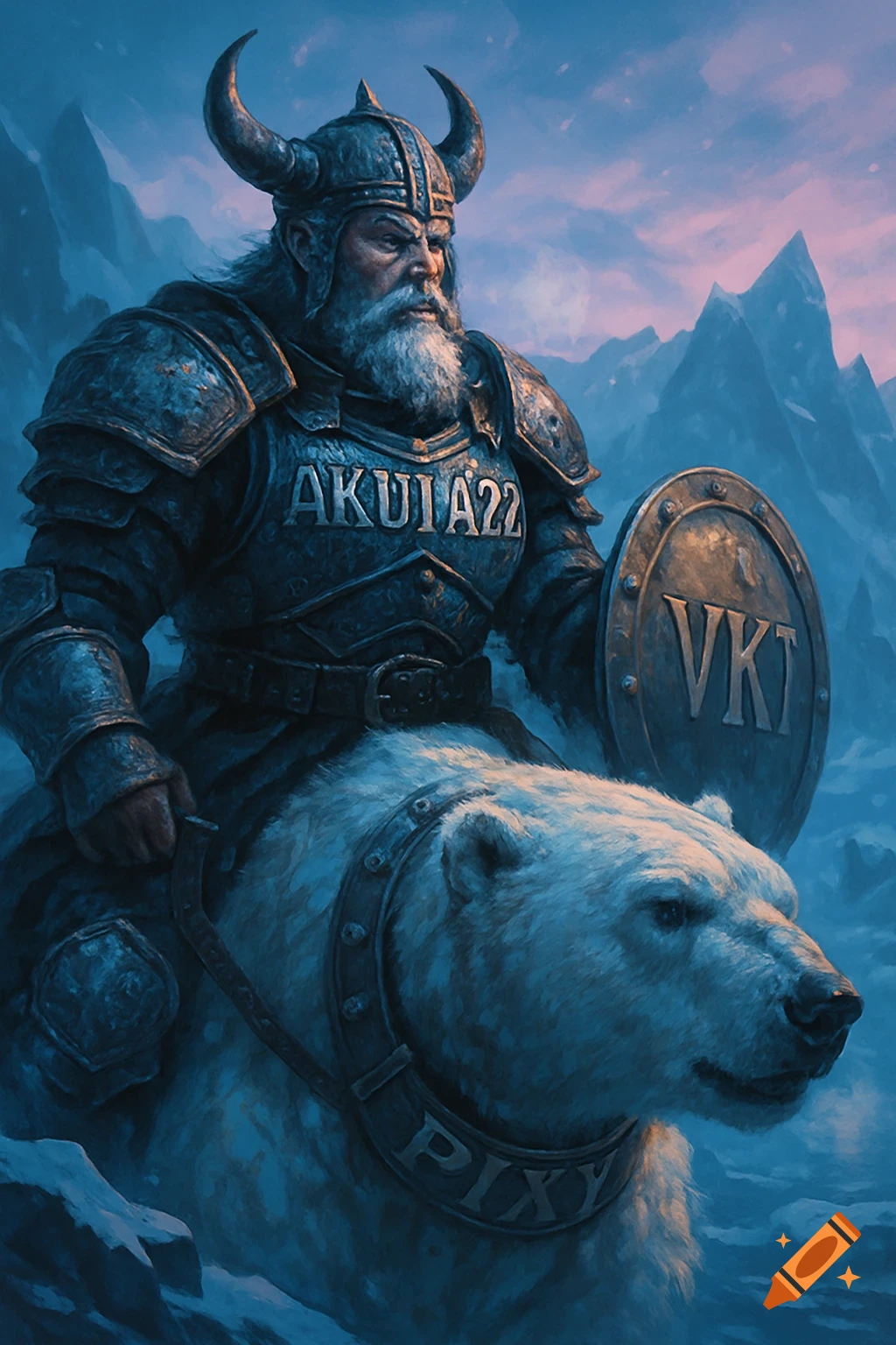 A Viking warrior in horned armor rides a polar bear through a snowy mountain landscape at dusk.