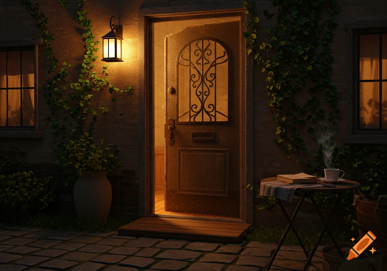 A warm, inviting evening scene with a partially open wooden front door, a lit lantern, ivy on the stone wall, and a table with a steaming coffee cup and book.
