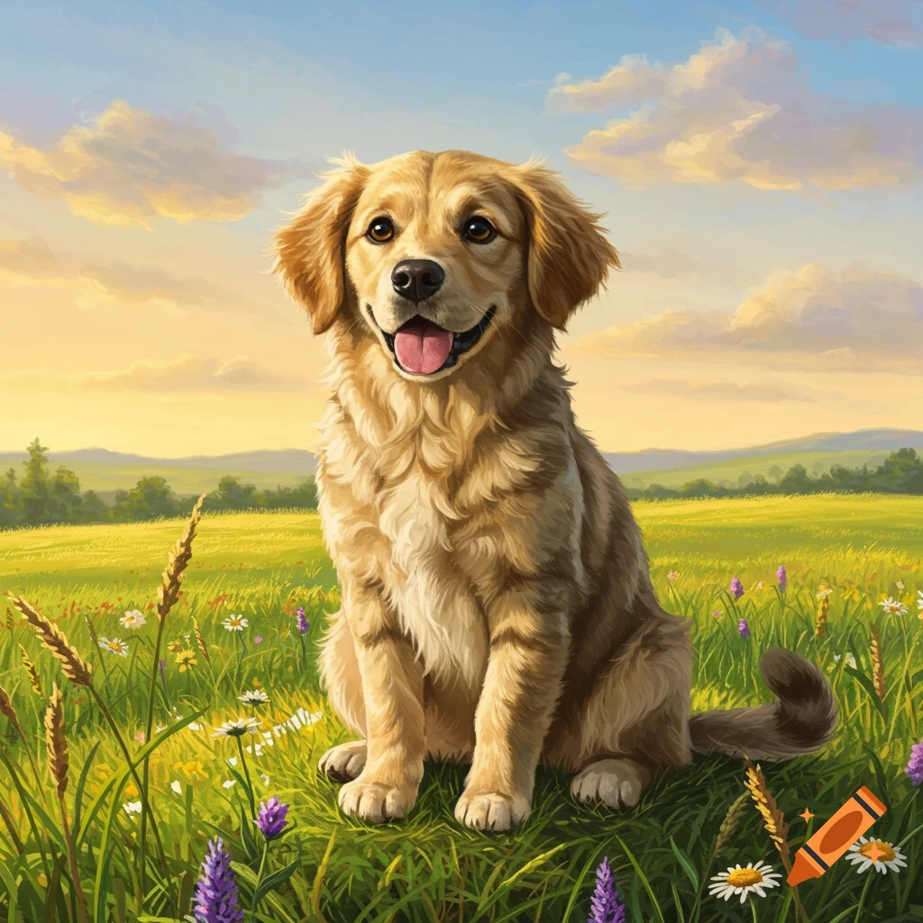 Happy golden retriever puppy sits in a sunny field of wildflowers with rolling hills in the background, digital painting.