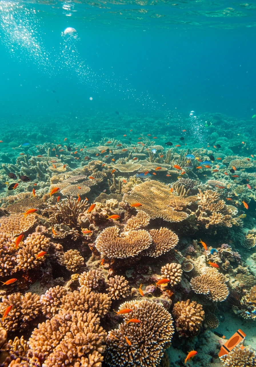 Vibrant underwater view of a colorful coral reef teeming with orange and blue fish, with light filtering from the surface.