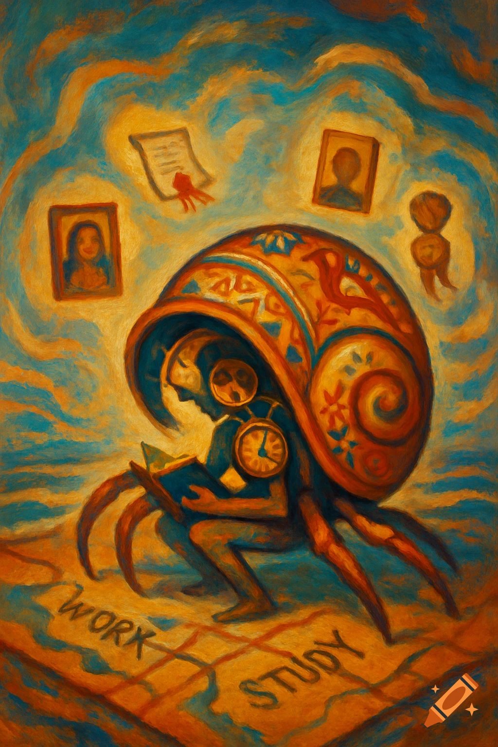 Painterly, surreal image of a crab-like figure reading a book, with clocks, 'WORK', 'STUDY', and framed memories floating.