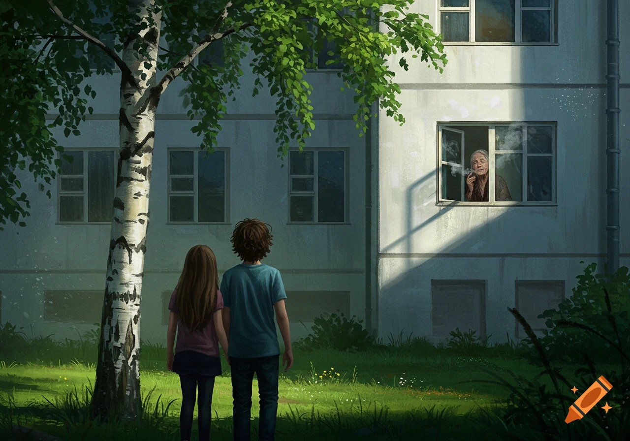 An illustration of a boy and a girl looking up at an old woman smoking in a window of a concrete building, under a birch tree.
