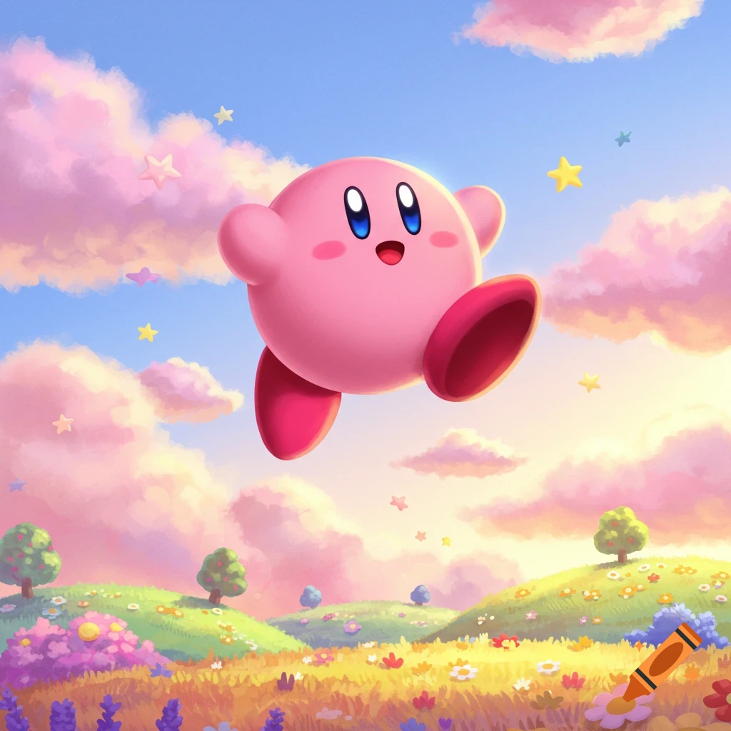 A cute pink Kirby floats happily over a vibrant, flowery meadow with pink clouds and a blue sky.