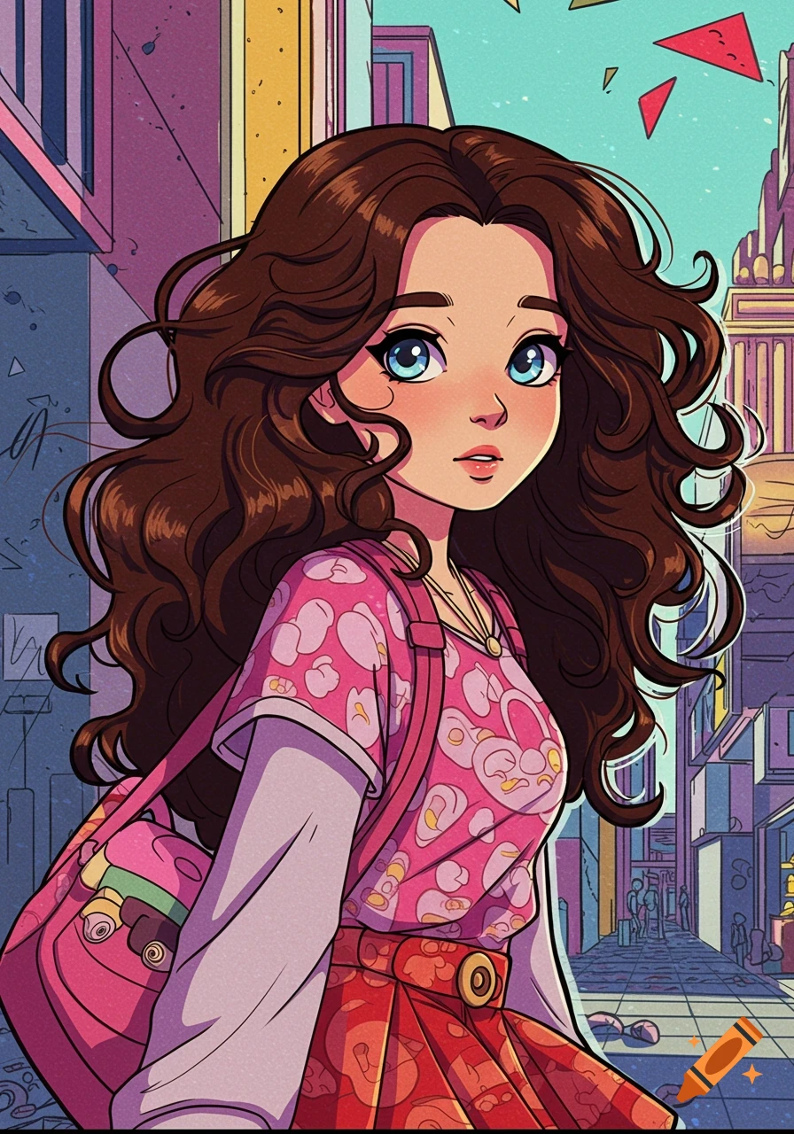 Comic art of a girl with long curly dark brown hair and blue eyes, wearing a pink shirt and red skirt, with an urban background.