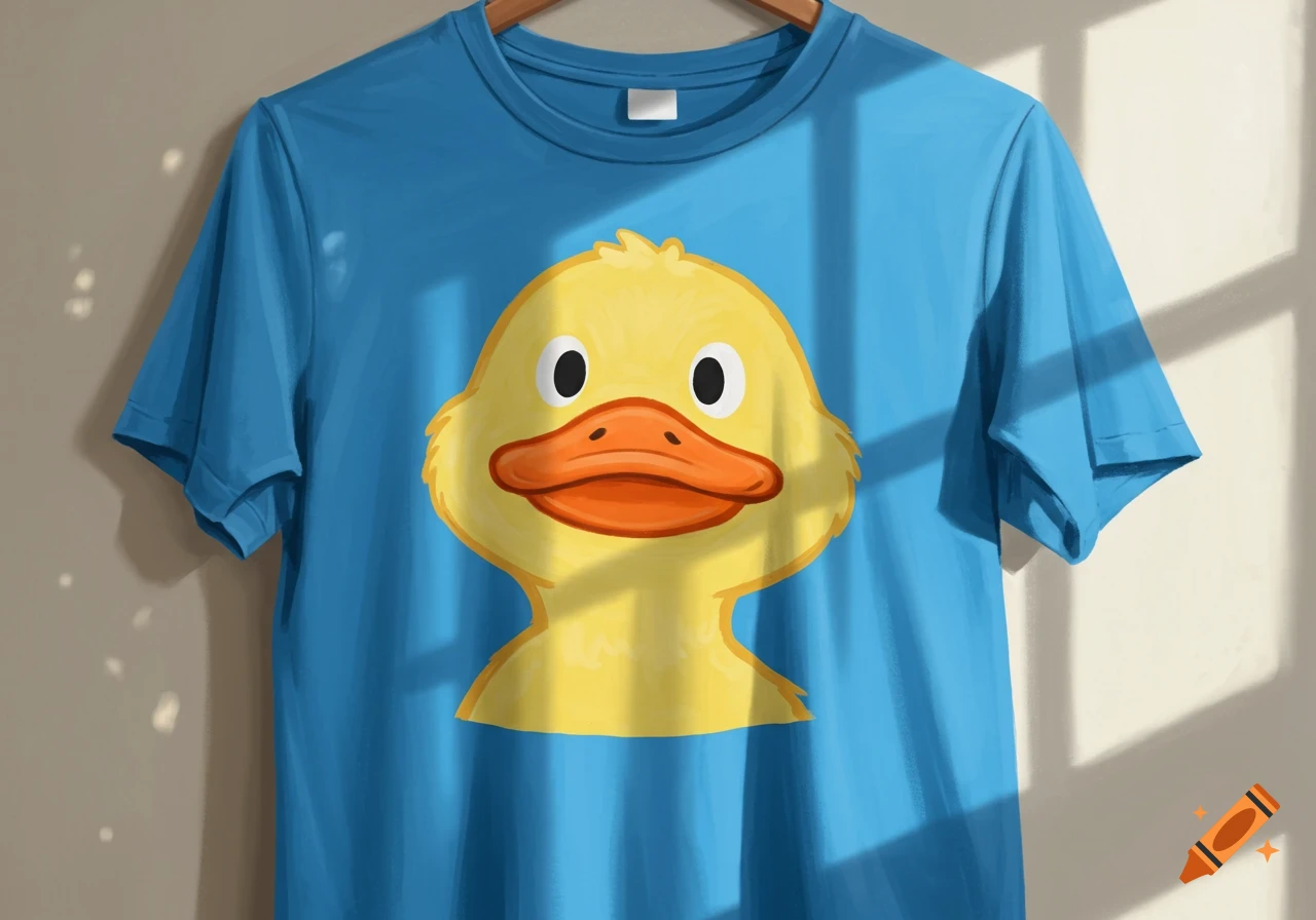 A blue t-shirt with a cartoon yellow duck's head and neck printed on it, hanging against a light wall with window shadows.