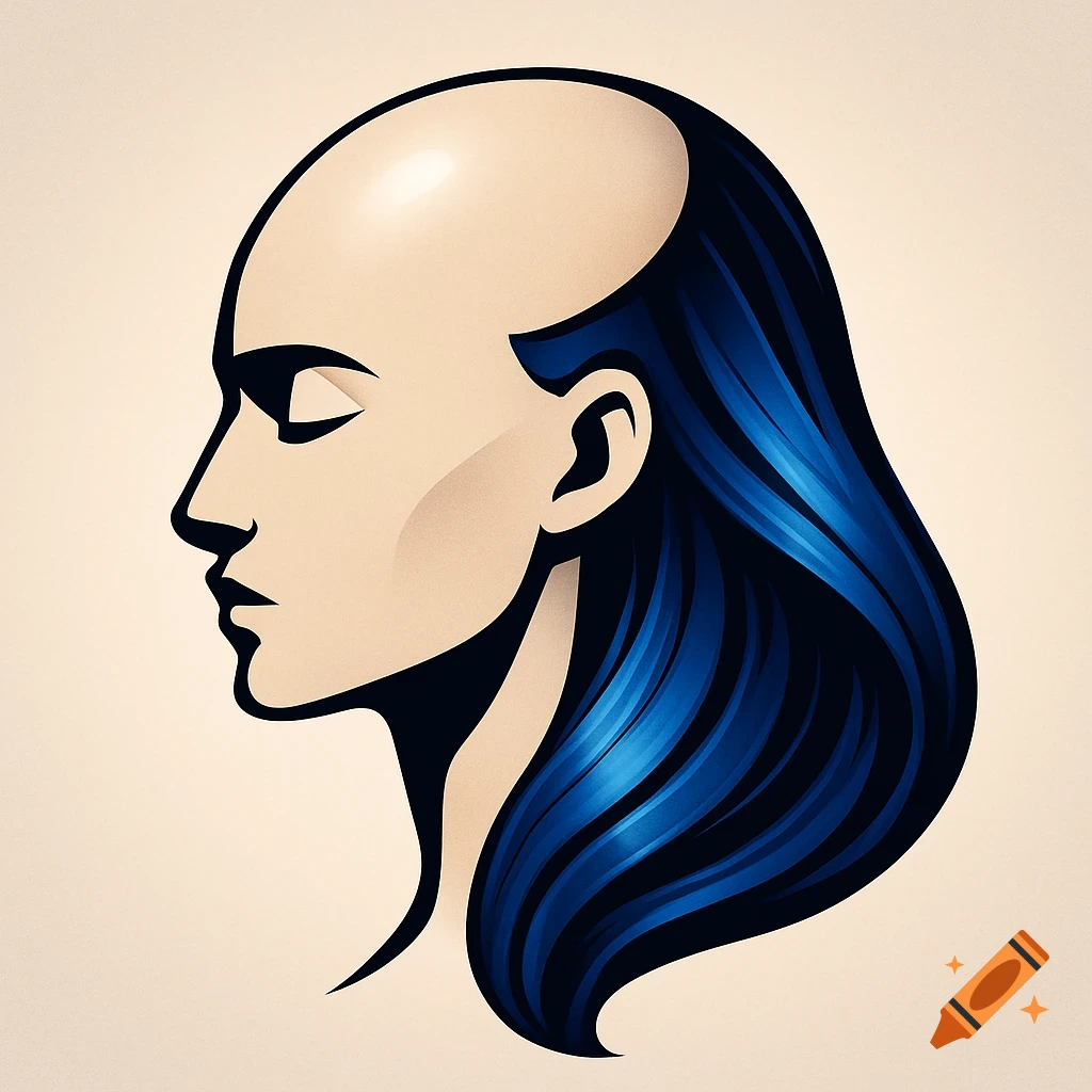 Stylized profile illustration of a partially bald head with long, flowing blue hair.
