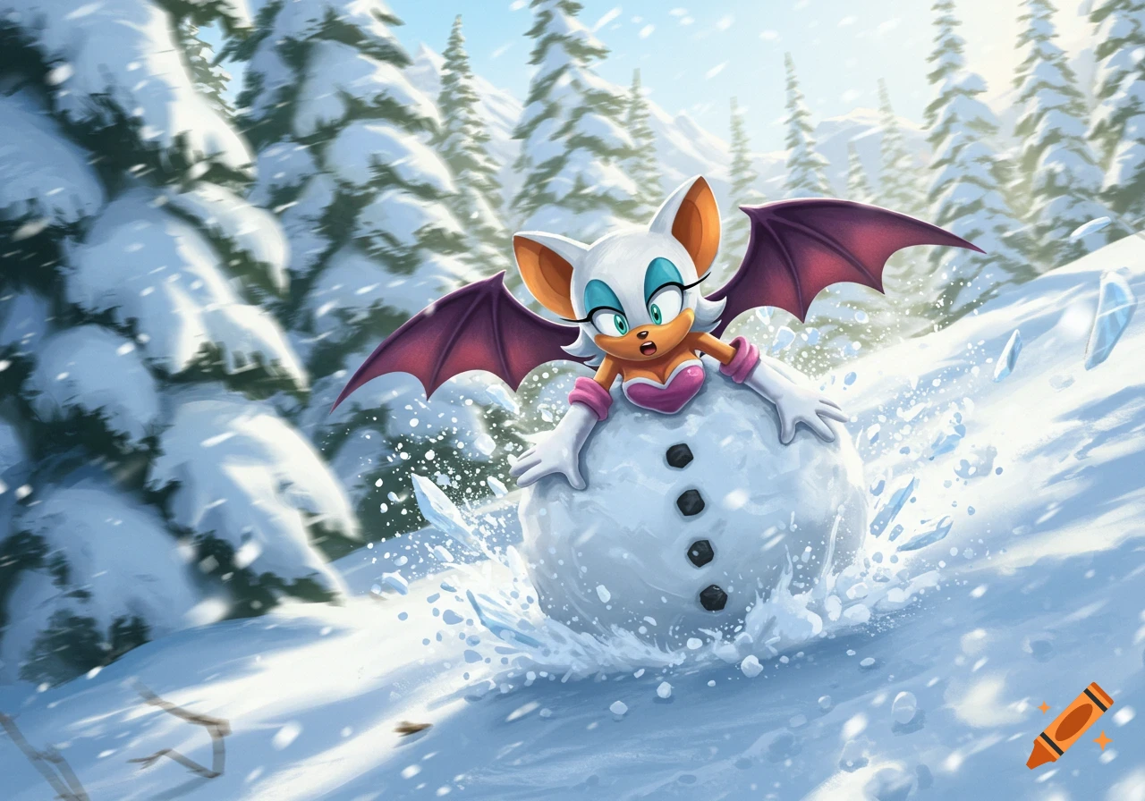 Cartoon Rouge the Bat rolling downhill in a giant snowball through a snowy forest.