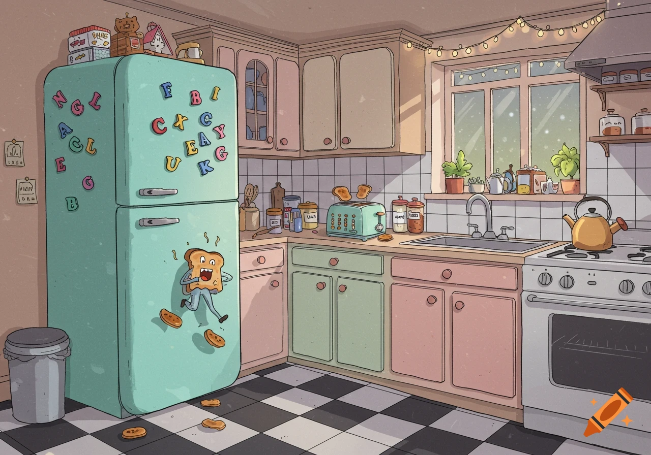 Cartoon kitchen with a running piece of toast, pastel colors, and magnetic letters on a mint green refrigerator.
