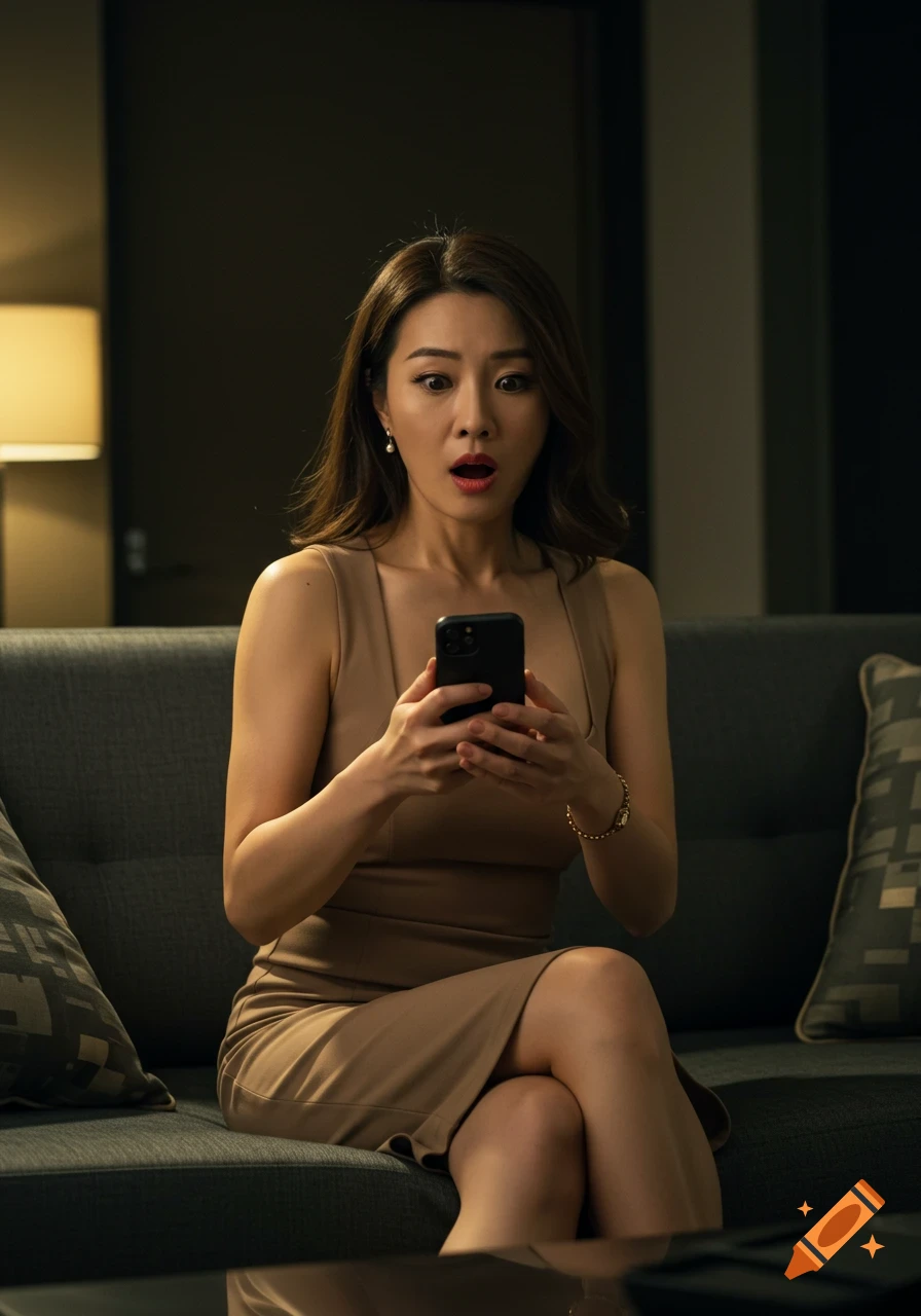 A shocked Asian woman sits on a sofa in a modern living room, looking at her smartphone. Photorealistic style.