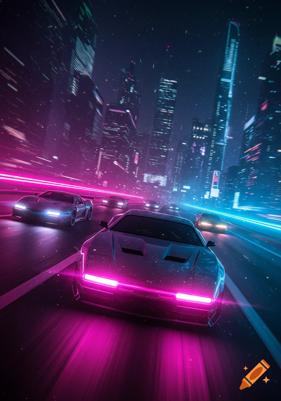 Fast cars race down a futuristic city street at night, illuminated by vibrant pink and blue neon lights in a cyberpunk style.