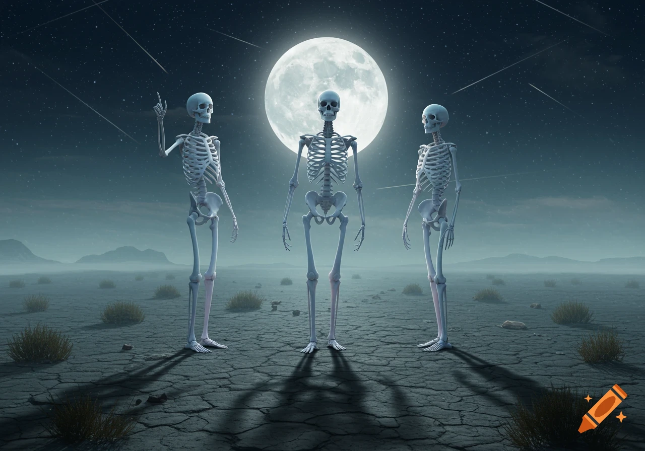 Three skeletons stand in a cracked desert under a large full moon and a star-filled sky with shooting stars.