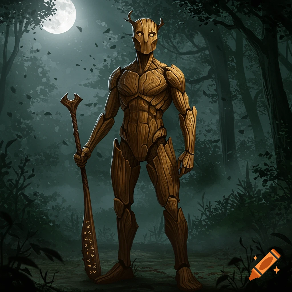 A stylized wooden golem-like figure with glowing eyes stands in a dark, misty forest under a full moon, holding a runic staff.