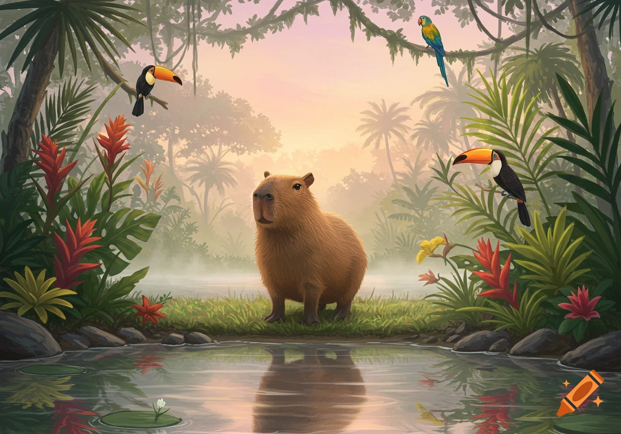A cute capybara stands by a tranquil pool in a lush jungle, with toucans and a parrot perched among vibrant plants and trees.