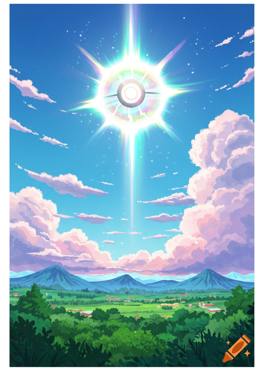 A vibrant anime-style landscape with a brilliant glowing orb in the sky over green fields, mountains, and pink clouds.