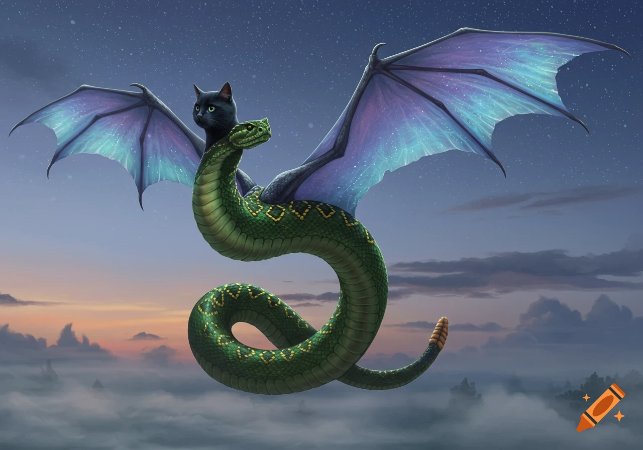 A flying creature with an emerald snake body, rattlesnake tail, black cat's head, and iridescent dragon wings, against a starry twilight sky.