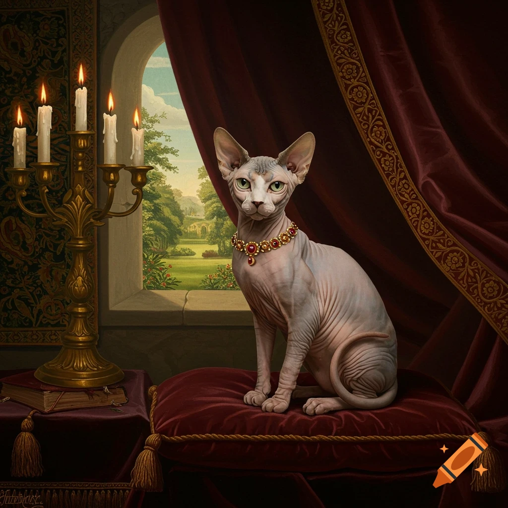 A Sphynx cat wearing a gold and ruby necklace sits on a red velvet cushion in a Renaissance-style room with a garden view.
