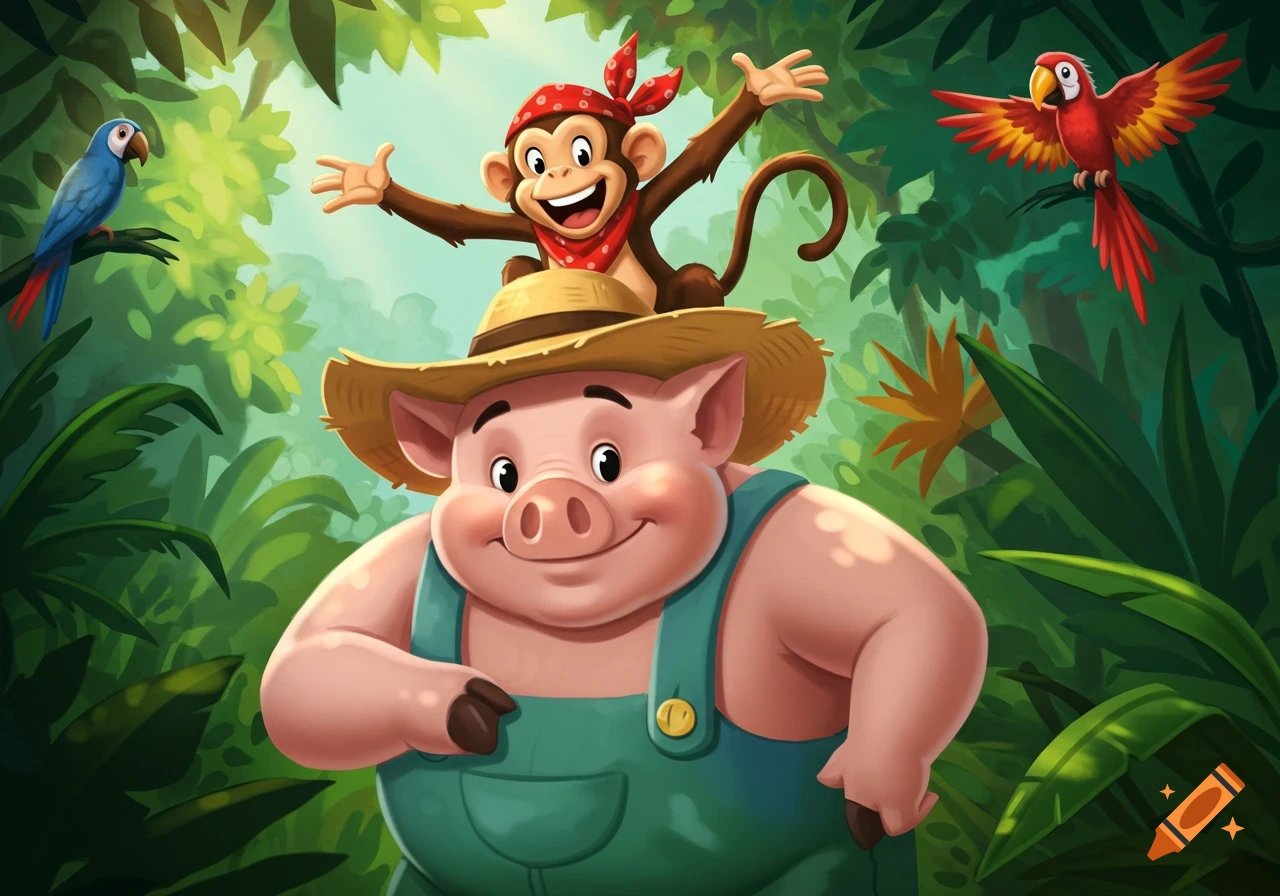 A happy cartoon monkey wearing a bandana sits on a pig's head in a vibrant jungle with two colorful parrots.