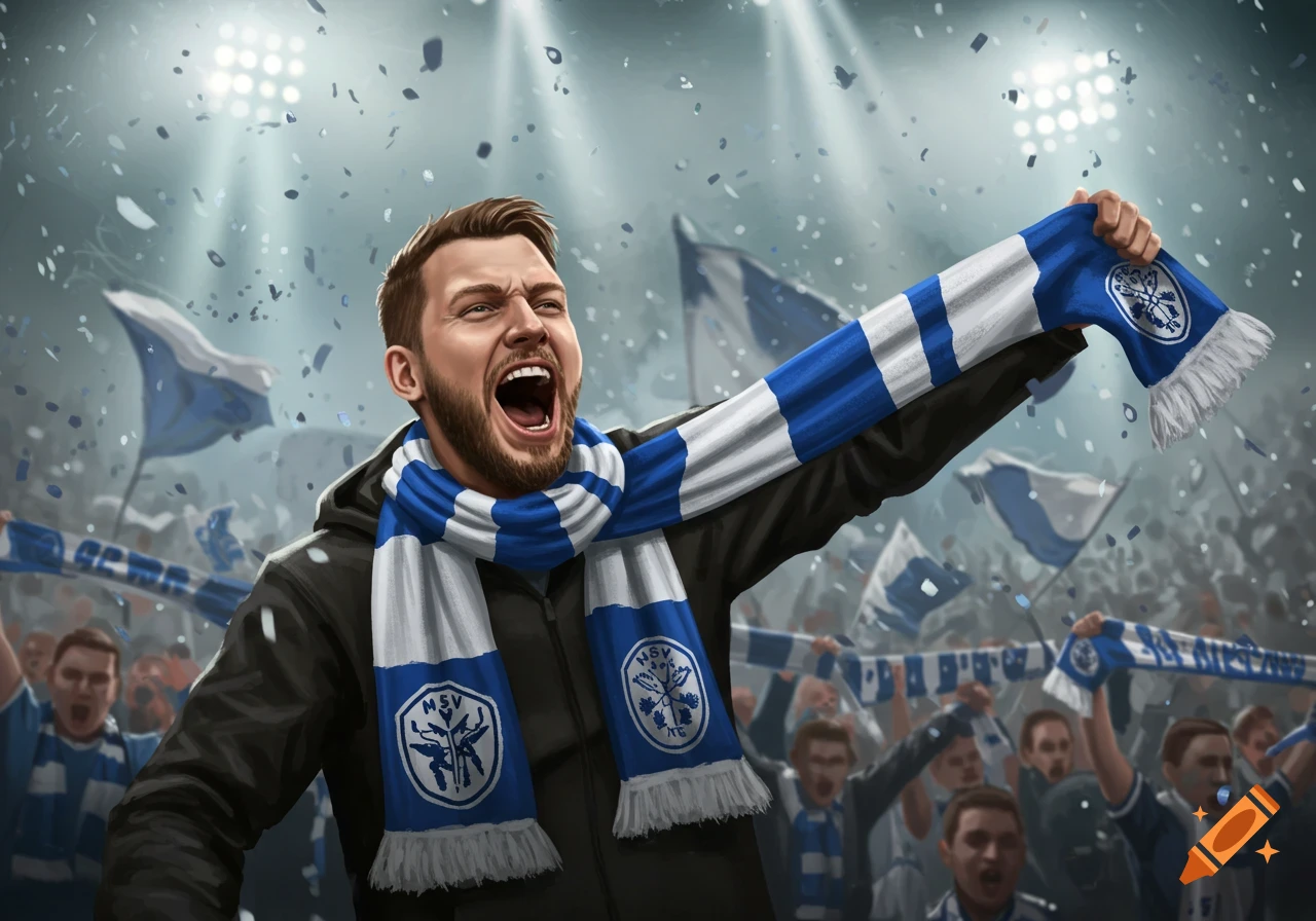 An illustrated image of an excited man with a beard, wearing a black jacket and a blue and white striped scarf, cheering loudly in a stadium filled with confetti and other fans.