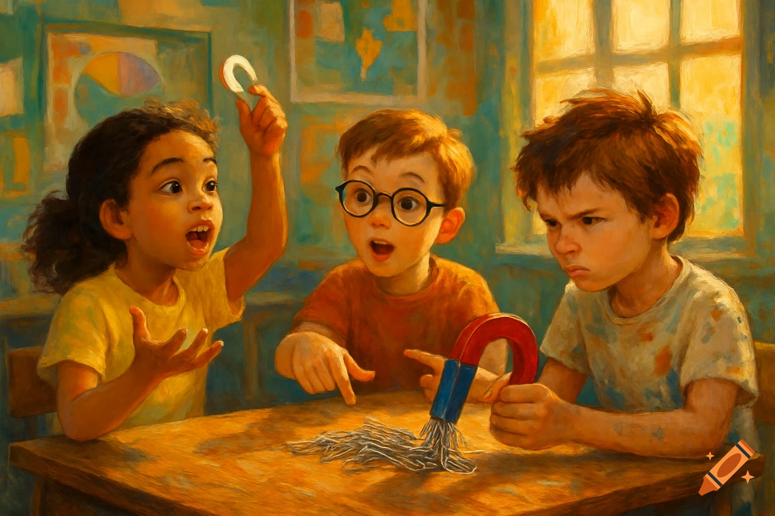 Three children, in a painterly style, experiment with a horseshoe magnet attracting paperclips on a table.