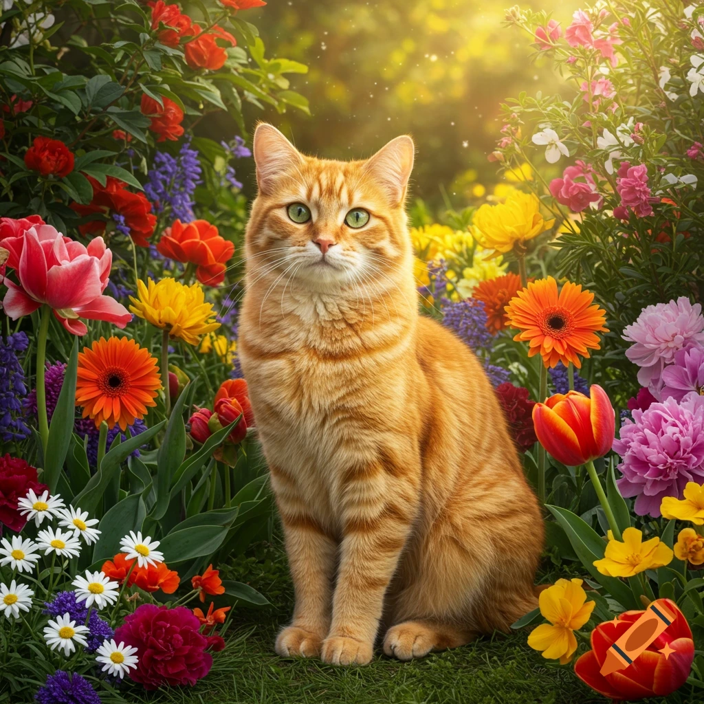 A photorealistic orange cat with green eyes sits amidst a vibrant garden full of colorful flowers under a sunny sky.