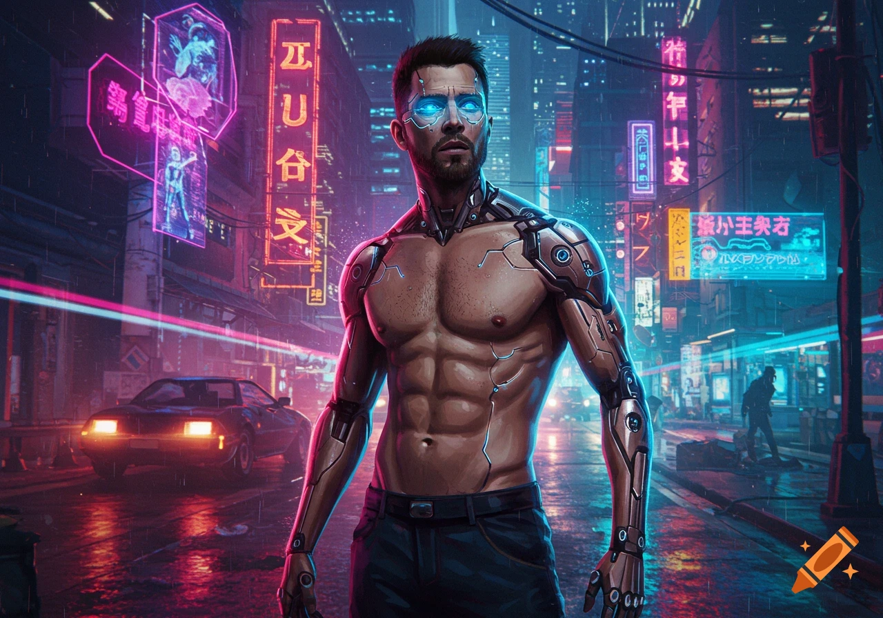 Muscular man with glowing blue cybernetic eyes and arm enhancements stands on a neon-lit cyberpunk city street at night.