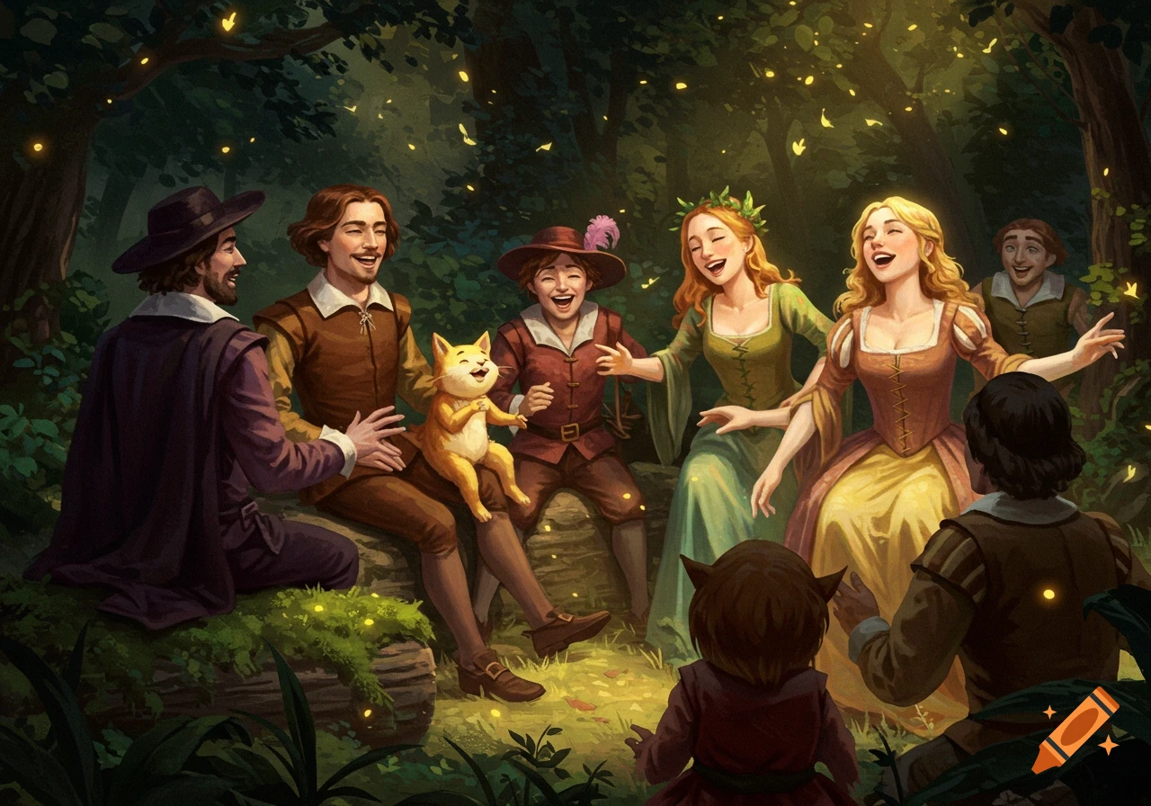 Group of historically-dressed people and a cat laugh in a mystical forest with glowing fireflies. Illustrated.
