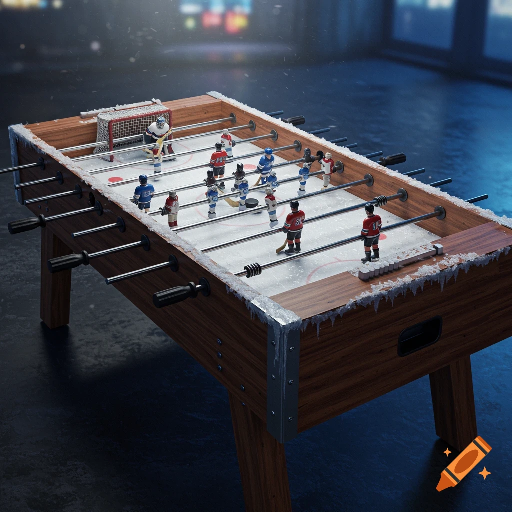A photorealistic hockey-themed foosball table with miniature players on an icy field, frosted with snow.