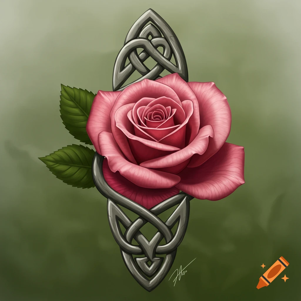 Illustrative pink rose with green leaves intertwined with a metallic grey Celtic knot on a muted green background.