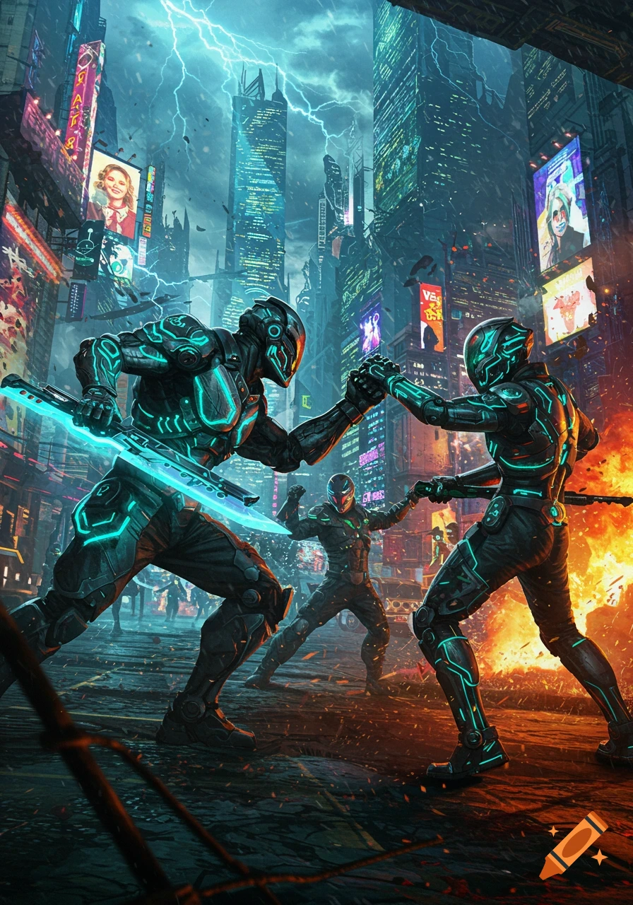 Two armored figures with glowing cyan weapons fight in a chaotic, neon-lit cyberpunk city with lightning striking and explosions nearby.