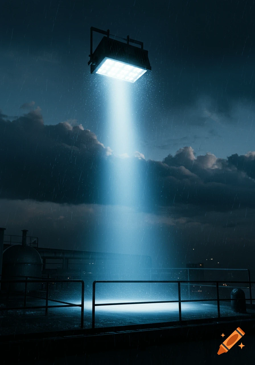 A floodlight projects a bright blue beam onto a rain-slicked industrial rooftop at night, under dark cloudy skies.