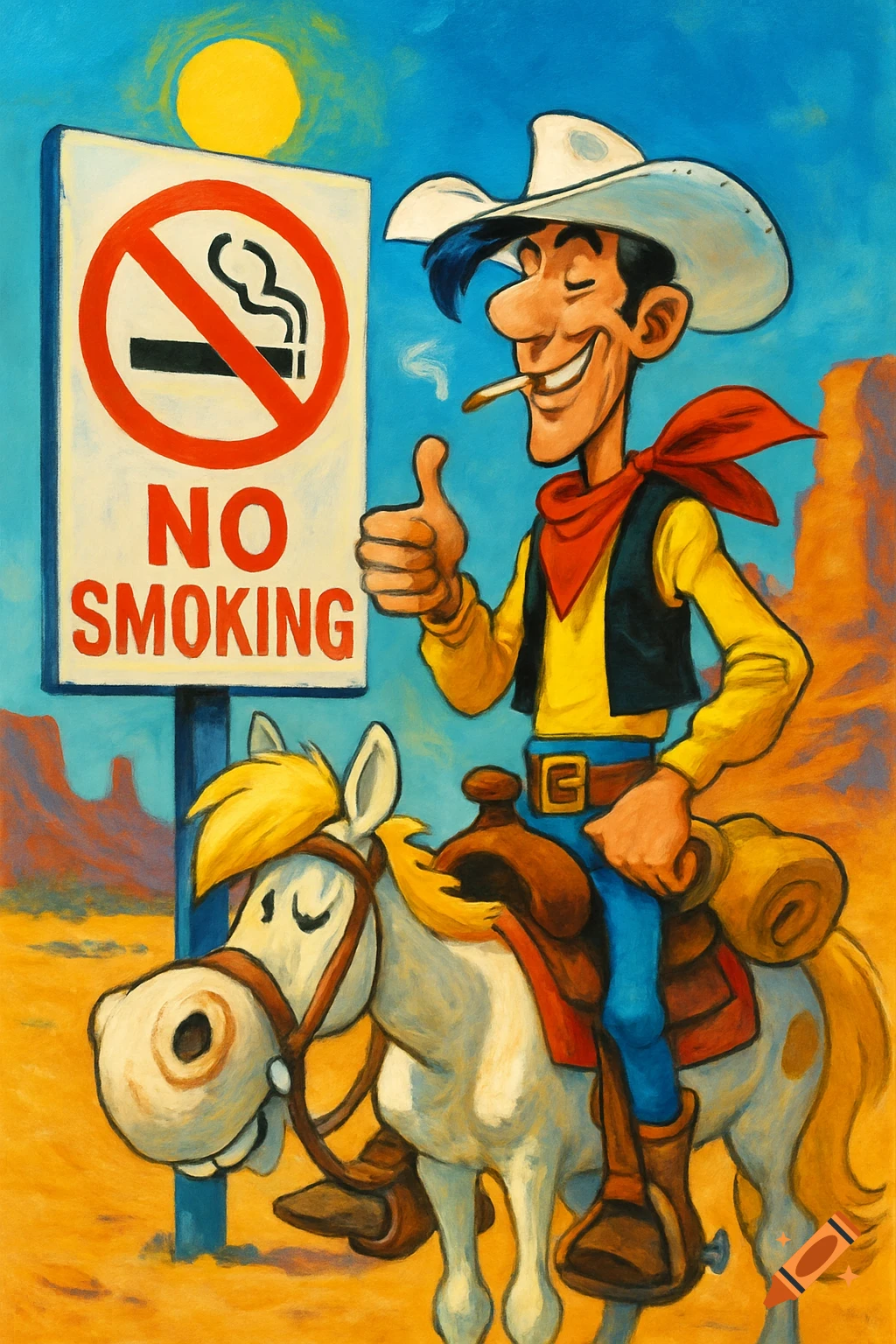 Cartoon Lucky Luke on a horse, smoking and smiling with a thumbs-up next to a 'No Smoking' sign in a desert.