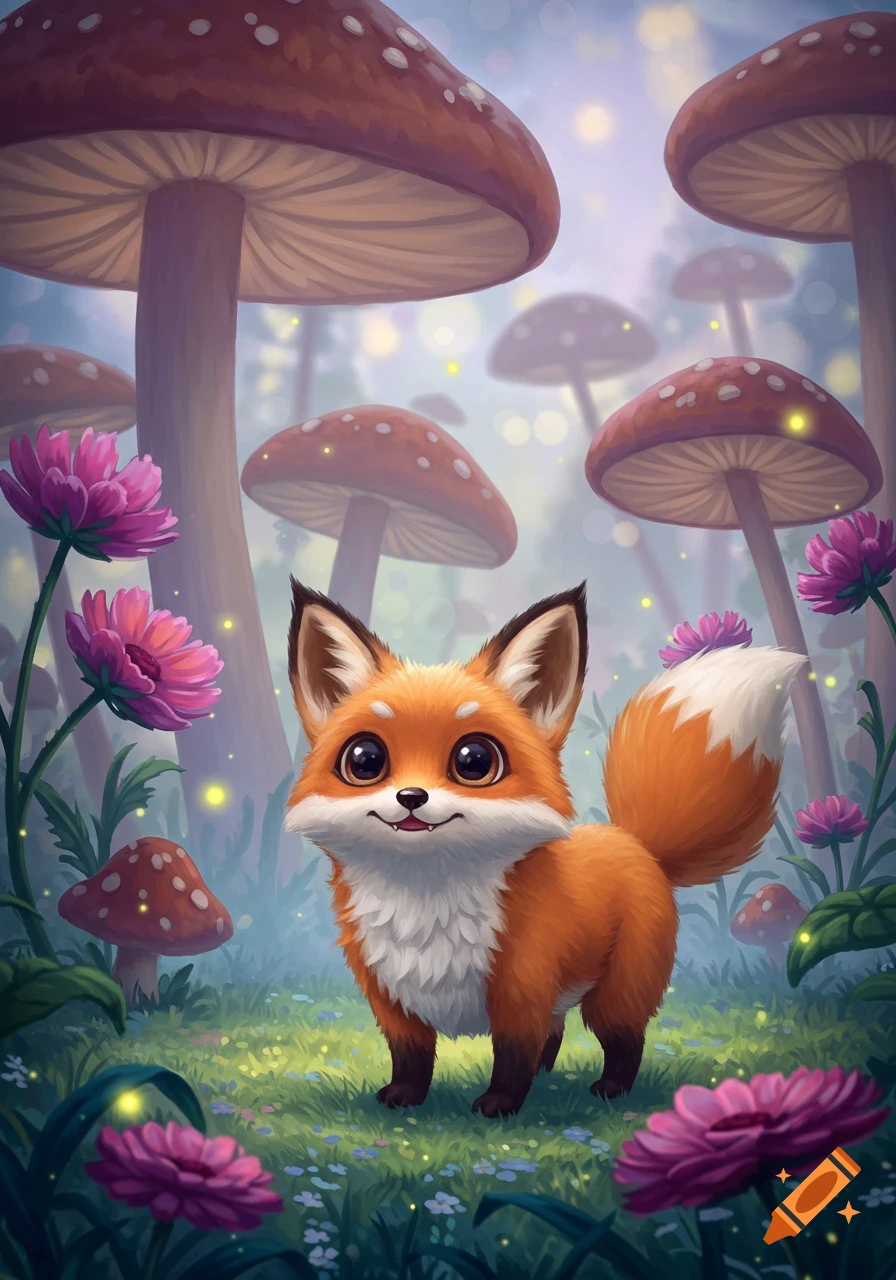 A cute, big-eyed cartoon fox stands in a whimsical forest among giant mushrooms, pink flowers, and glowing fireflies.