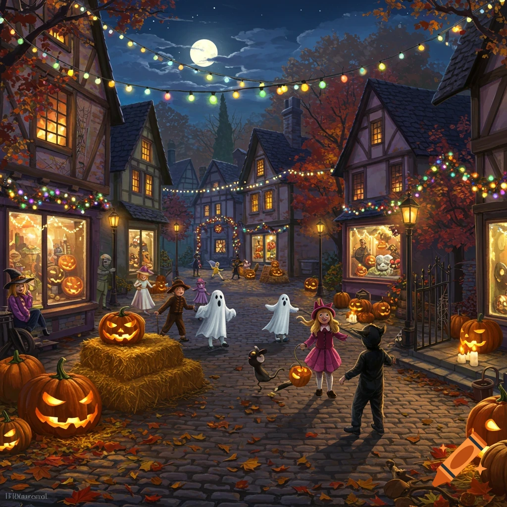 Illustrated Halloween scene with children in costumes, pumpkins, and string lights on a cobblestone street in a festive village at night.