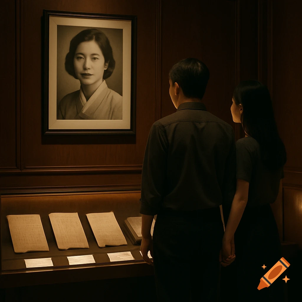 Two people view a black and white portrait and documents in a dimly lit museum exhibition, photorealistic style.