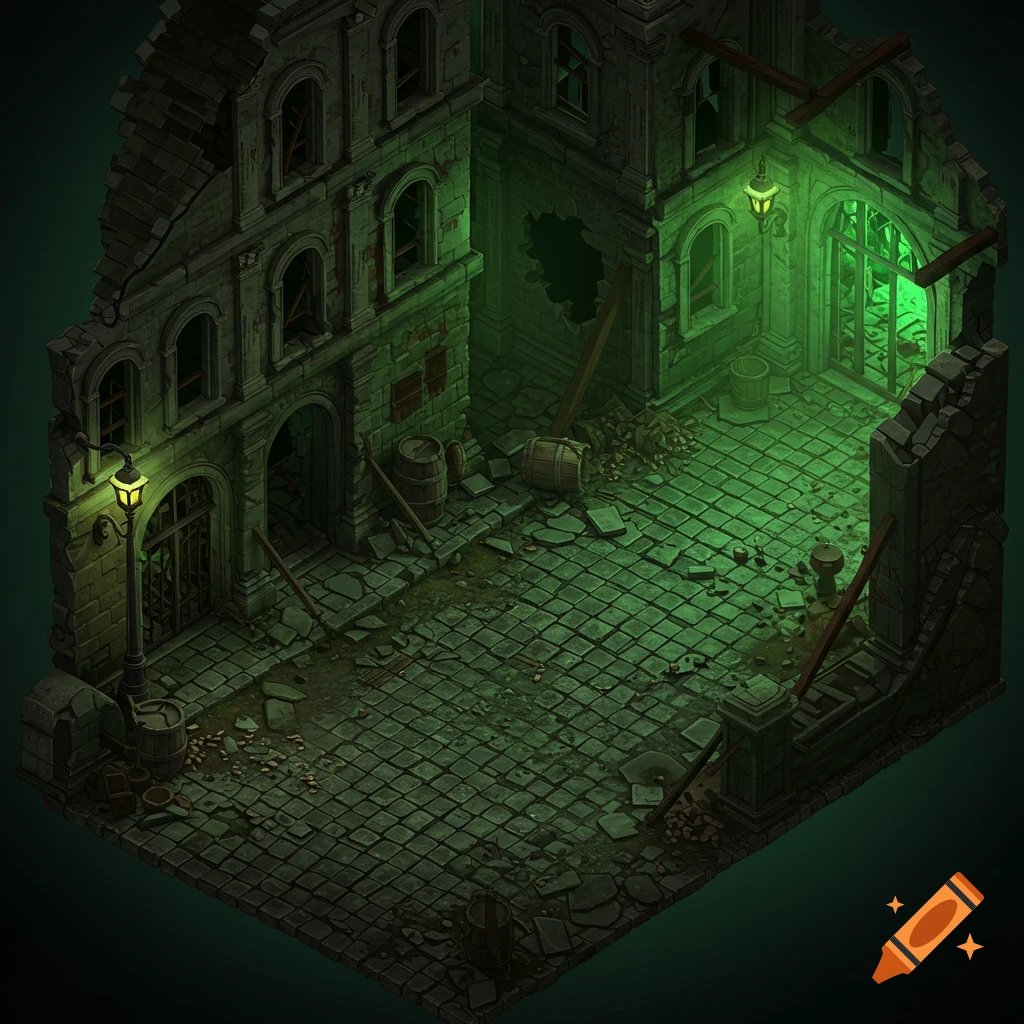 Isometric top-down view of a crumbling, decaying old city street with cobblestones, debris, ruined buildings, and green sickly lighting.