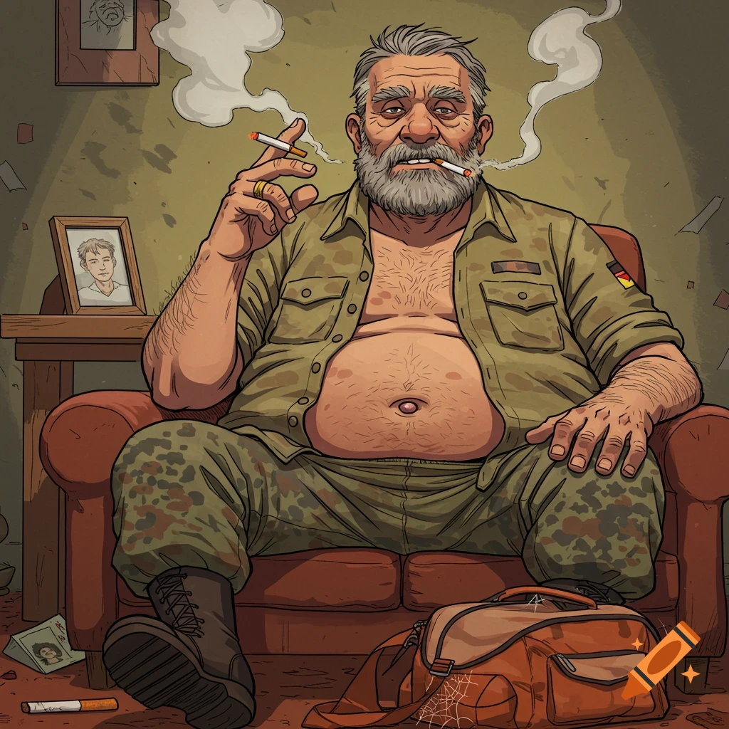 A heavily bearded, grey-haired man in a military-style shirt with an exposed belly, smoking two cigarettes in a comic style.