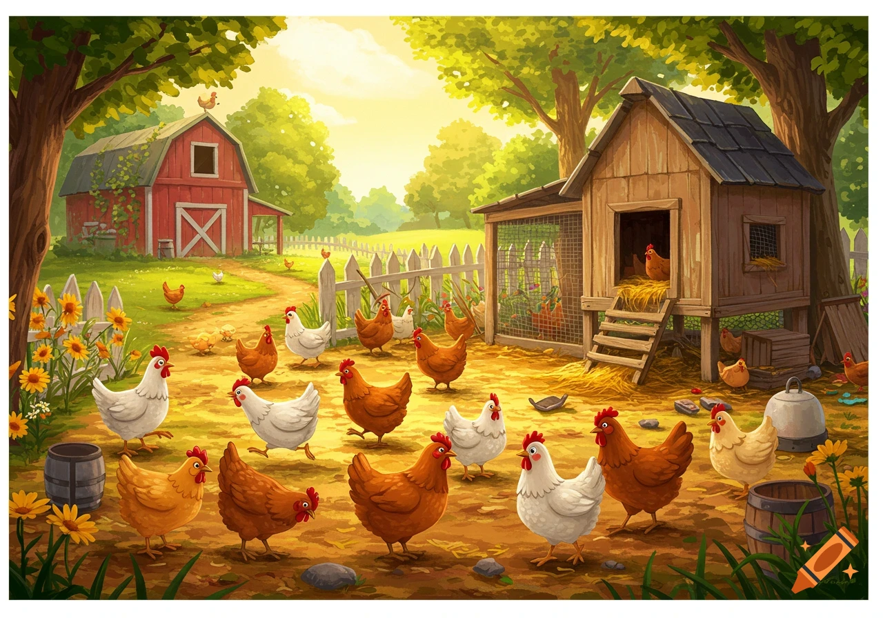 A vibrant cartoon illustration of many brown and white chickens roaming a sunny farmyard with a red barn, chicken coop, and sunflowers.
