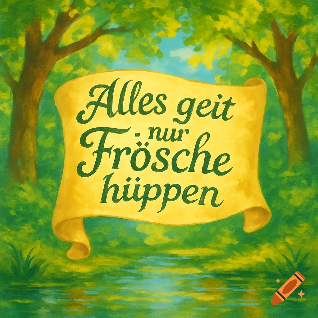 Painterly illustration of a yellow banner with green text 'Alles geit nur Frösche hüppen' in a vibrant green forest with a stream.