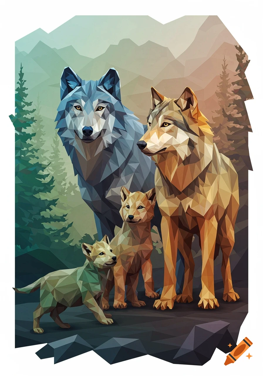 A wolf family, two adults and two cubs, in a colorful geometric art style against a mountainous forest background.