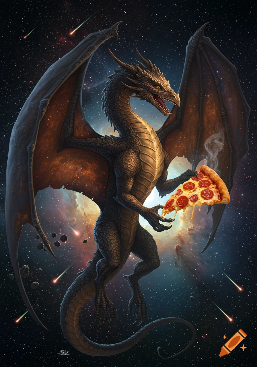 A majestic dragon with large wings holds a steaming slice of pepperoni pizza while floating in a starlit cosmic space with meteors.