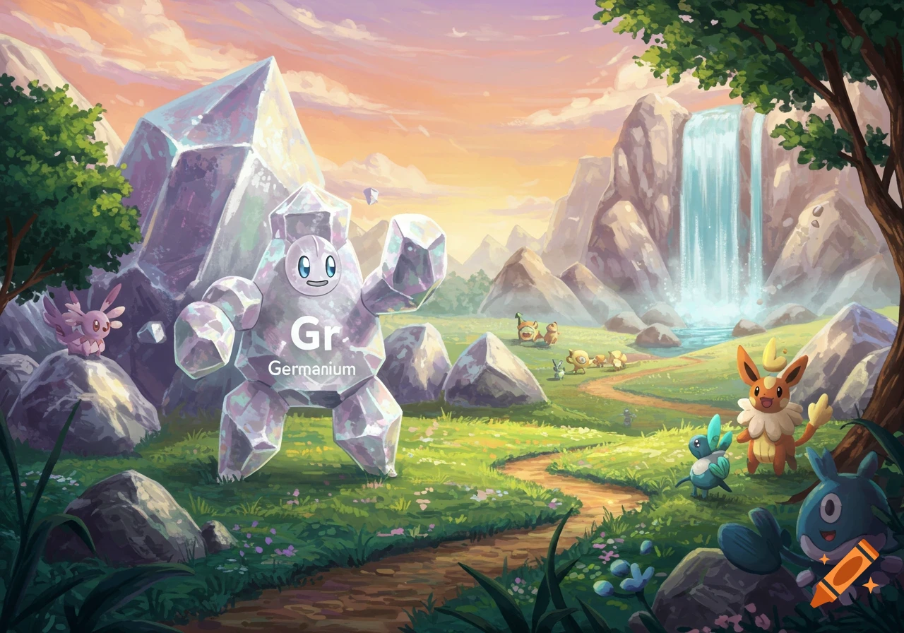 A large, crystal-like Pokémon with "Gr Germanium" on its chest stands in a lush landscape with other Pokémon and a waterfall.
