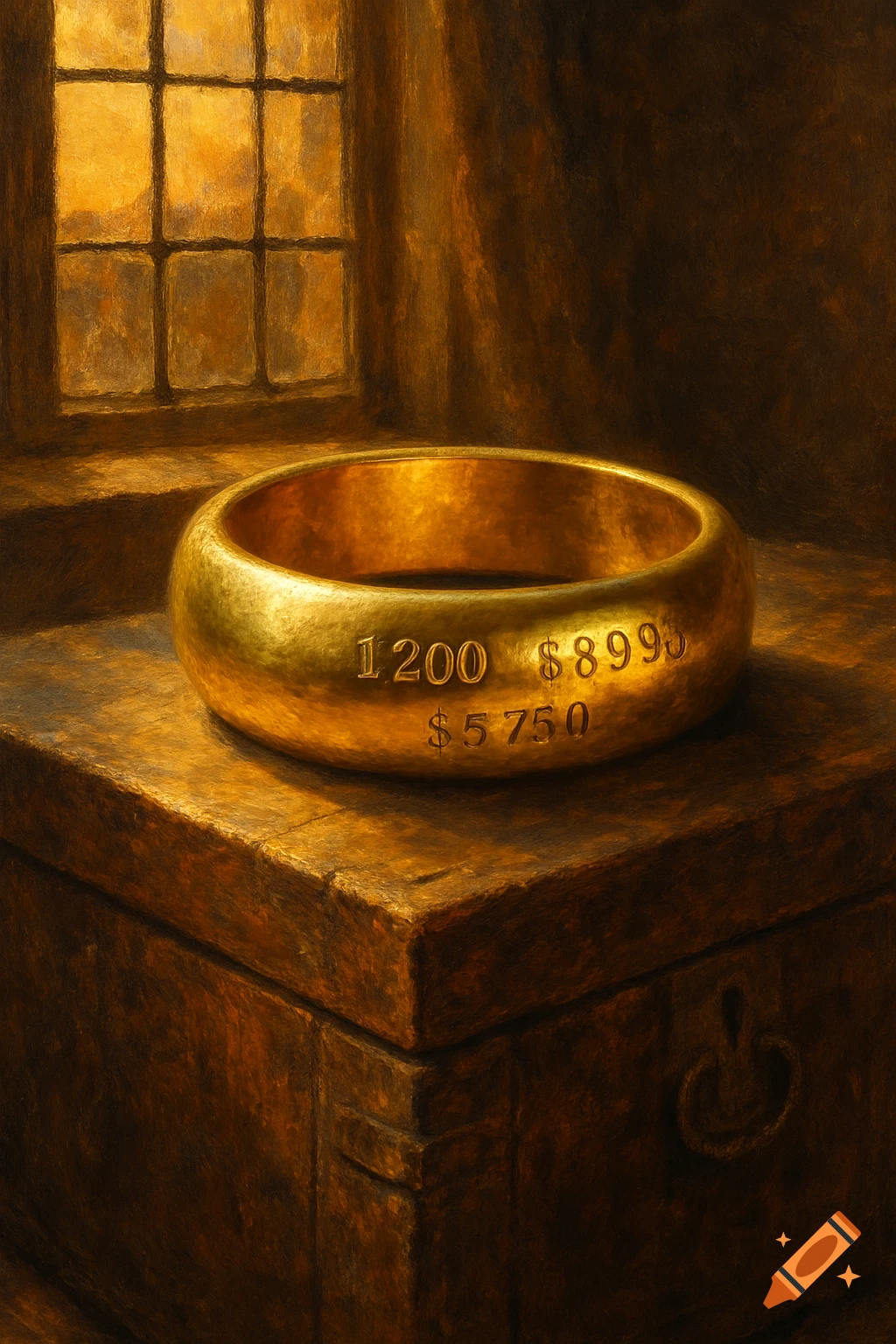 A thick golden ring with prices inscribed, resting on an old wooden chest. Warm light from a window. Painterly style.