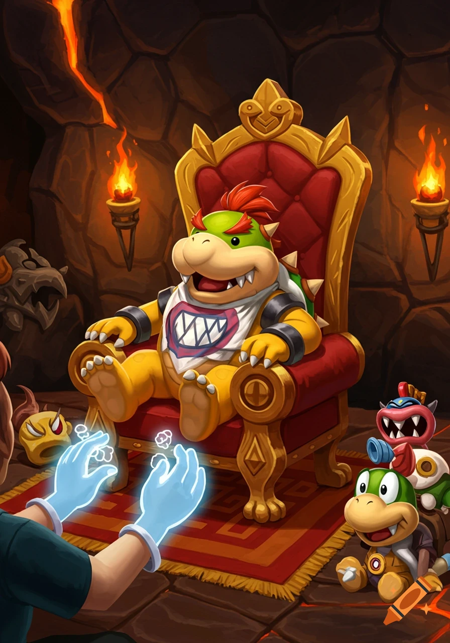 Bowser Jr. on a golden throne in a fiery cave gets a foot massage from glowing hands, observed by other cartoon monsters.