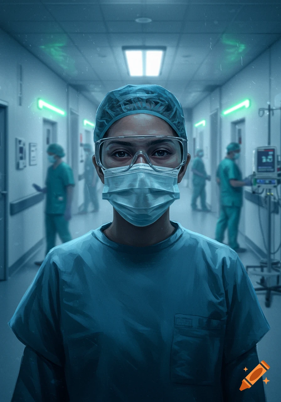 A masked medical professional in scrubs and goggles stands in a hospital hallway with other staff in the background. Digital art.