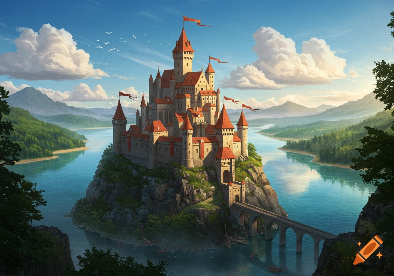 A grand fantasy castle with red roofs and numerous towers sits on a rocky island, surrounded by a river, green mountains, and a clear blue sky. Illustrated.